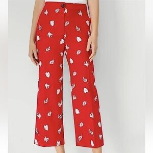 Ann Taylor Linen Blend Plant Leaf Embroidered Wide Leg Crop Pant Red 10